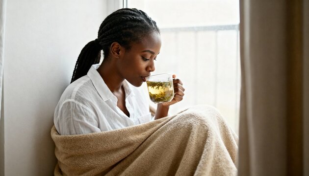 A young Black woman relaxing at home drinking herbal tea. Cozy person wrapped in a blanket enjoying a quiet moment by the window. Wellness and self-care concept