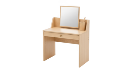 Light wood vanity table with mirror and drawer for makeup and beauty products isolated on transparent background