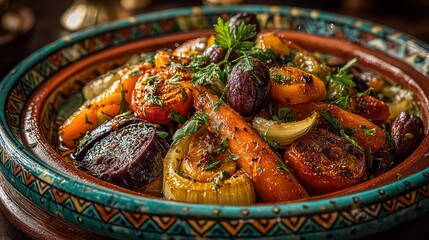 North African roasted vegetable medley in a colorful geometric-patterned dish with carrots, onions, eggplant, tomatoes, parsley, vibrant presentation.