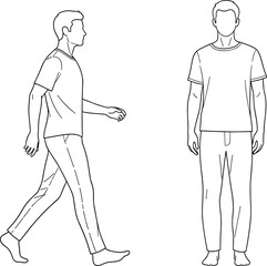 Male fashion figure template walking and standing pose, clothing sketch outline for apparel design, vector line art model illustration