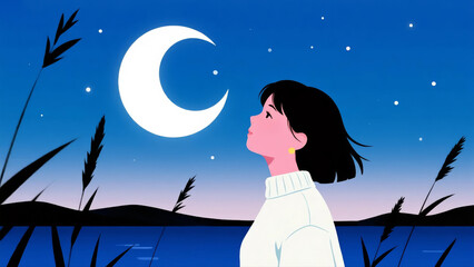 A girl looking up at the moon