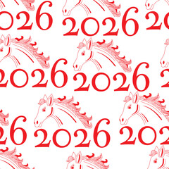 Seamless pattern happy Chinese new year 2026 year of the horse zodiac sign. Red color on white background. Linear ornamental horse with 2026