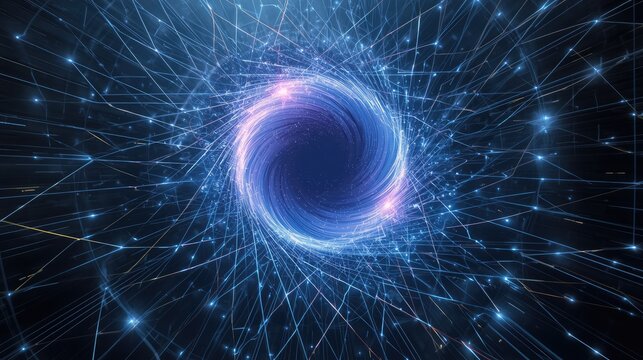 Dynamic network structure with vibrant blue glowing lines and swirling vortex