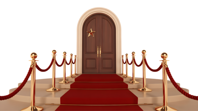 Step into the Limelight Red Carpet Event Entrance with Grand Wooden Door and Golden Star, Perfect for Premieres and Exclusive Celebrations