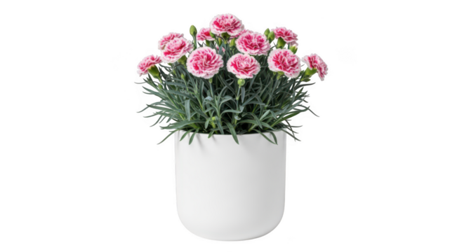 Vibrant pink carnations blooming in a white pot isolated on transparent background