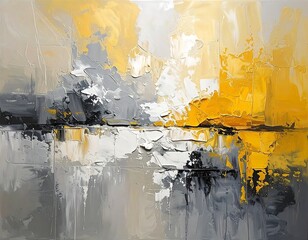 Abstract landscape of bold strokes, gray, white, and golden yellow hues