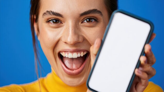Happy woman holding a smartphone with a blank screen, showcasing excitement