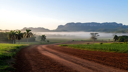 Early morning light kisses the Vinales Valley in Cuba. Misty veil shrouds the landscape, casting an ethereal glow over palm trees and the winding dirt path.