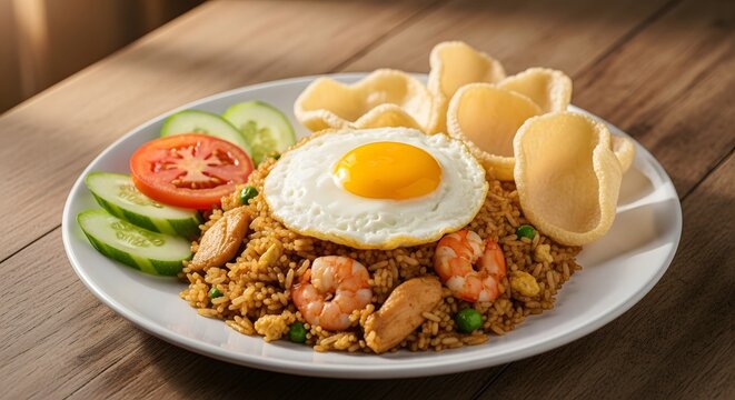 A plate of Nasi Goreng, an Indonesian fried rice dish, topped with a fried egg, shrimp, chicken, cucumber, tomato, and crackers on a wooden table.