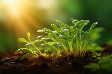 New seedlings stretch from dark soil to the sun in spring in the garden