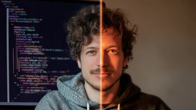 Young adult caucasian male with split face lighting and computer code background contrast