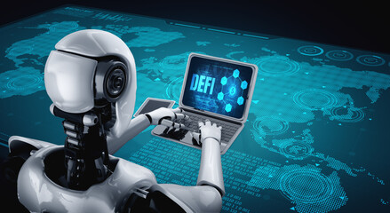 Decentralized finance or DeFi concept on modish computer screen . The defi system give new choice of investment and money saving .