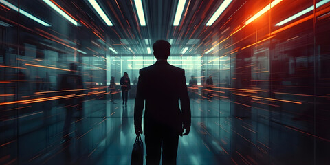 Businessman Walking Through Futuristic Neon-Lit Corporate Hallway with Data Streaks