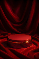 Luxurious Red Podium on Draped Velvet for Product Presentation