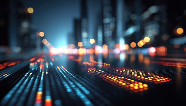 City Light Reflections In Financial Stock Market Numbers: A Stunning Visual Contrast Of Urban Nightscapes And Economic Data.