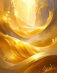Abstract landscape of flowing, golden ribbons and canyon walls