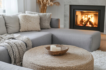 Inviting home room highlights beautiful fireplace decor alongside comfortable sofa, creating cozy space & rustic design ideal for escaping winter chill & enjoying daylights.