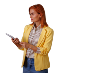 Redhead businesswoman holding tablet, working with technology, looking away and smiling, transparent background