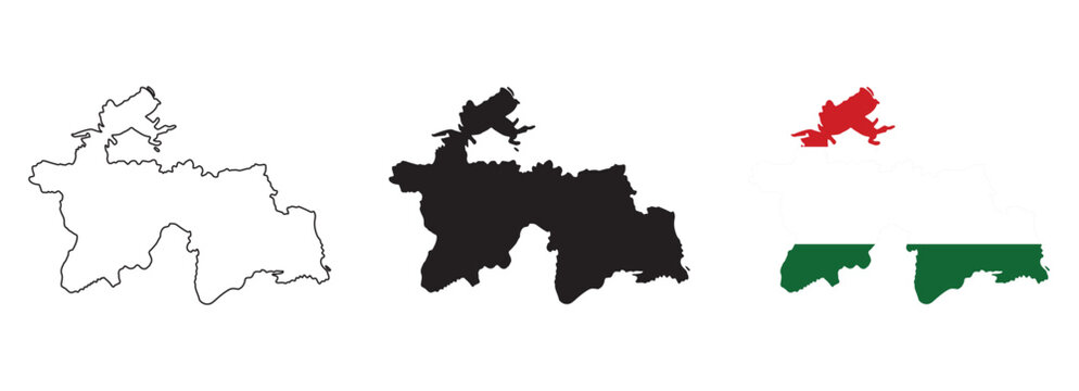 Tajikistan map vector set with editable country outline black silhouette and national flag design featuring red white green stripes with golden crown for geography and education use