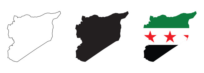 Syria map vector set with editable country outline black silhouette and national flag featuring red white black horizontal stripes with two green stars for geography and education projects
