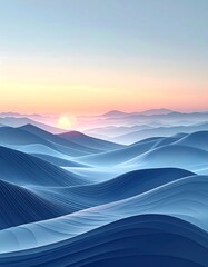 Abstract landscape of undulating blue waves at sunset
