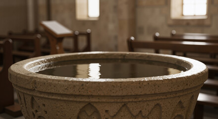 Close-up of stone baptismal font filled with holy water inside church. Traditional christening ceremony and religious sacrament concept