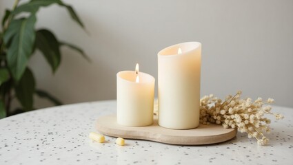 Cozy Minimalist Candle Arrangement with Dried Flowers and Warm Light
