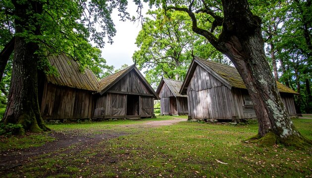 Aged wooden cabins in a forest clearing - Powered by Adobe