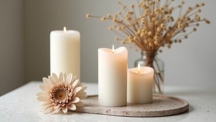 Cozy Minimalist Candle Arrangement with Dried Flowers and Warm Light