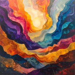 Abstract landscape of vibrant colors and curved shapes, like a colorful wave