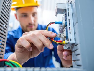 Technician connecting wires in a control panel, ensuring proper functionality