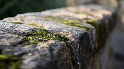A close-up captures a weathered stone ledge, its surface textured with age and speckled with patches of vibrant green moss, blurring the line between natural and artificial.
