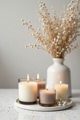 Cozy Minimalist Candle Arrangement with Dried Flowers and Warm Light