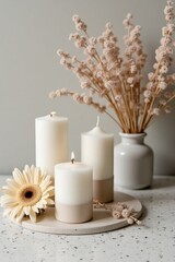 Cozy Minimalist Candle Arrangement with Dried Flowers and Warm Light