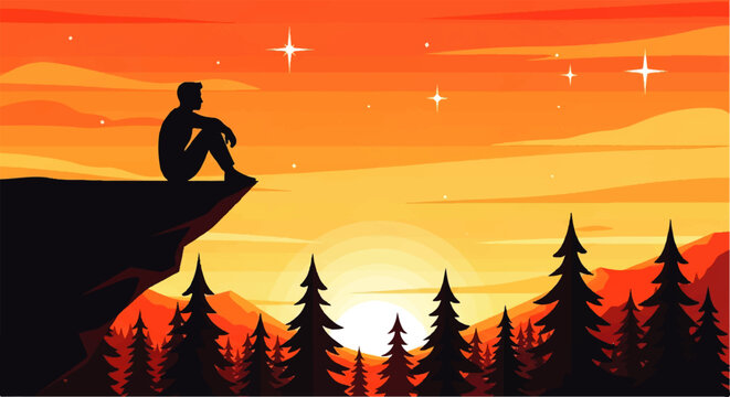 Silhouette of a person sitting on a cliff edge at sunset with trees and mountains in the background.