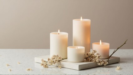 Cozy Minimalist Candle Arrangement with Dried Flowers and Warm Light