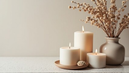 Cozy Minimalist Candle Arrangement with Dried Flowers and Warm Light