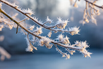 Obraz premium Hoarfrost on bare tree branches, intricate ice crystals, morning after fog, magical natural art