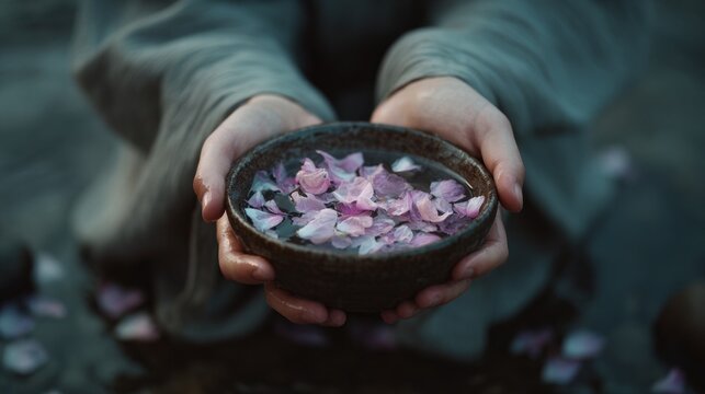 cinematic fine art photo of hands holding a small bowl of water with flower petals, soft natural light, tactile detail, meditative calm, pastel tones