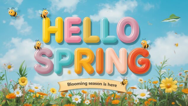 Hello spring blooming season is here, colorful text with flowers and bees illustration