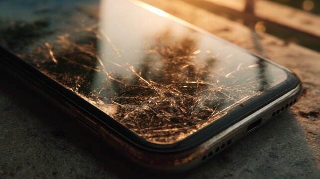 close-up of a cracked smartphone screen showing corrupted image, dust, and fingerprints, natural light, quiet decay mood