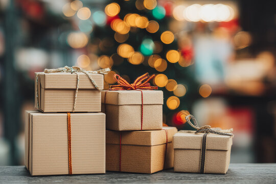 Holiday delivery concept, packaged boxes with ribbons ready to ship, e-commerce logistics