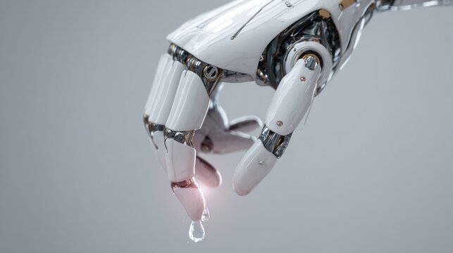 close-up of a robotic hand gently holding a tear, minimal background, sterile lighting, emotional ambiguity