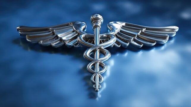 Silver caduceus symbol representing medicine, healthcare, and healing, featured against a blue gradient background for professional use in medical contexts