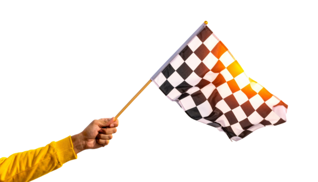 Hand holding a checkered flag isolated on transparent background