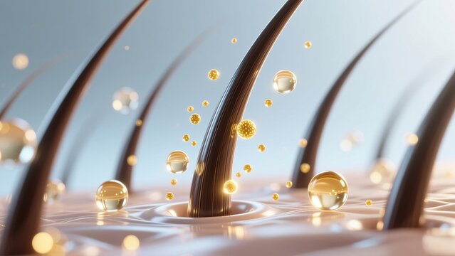 Healthy glossy hair strands with luminous golden particles on clean scalp, hair repair, hair care