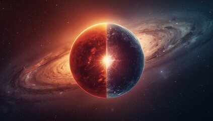 Fototapeta premium A mesmerizing view of a planet split in half, with a galaxy swirling in the background