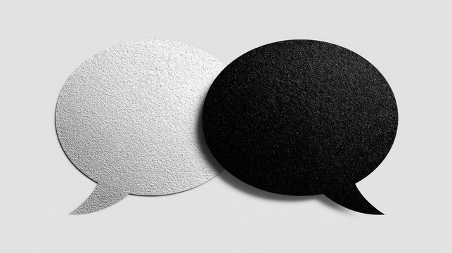 minimalist poster of two overlapping speech bubbles one filled with white noise, the other blank symbolic stillness and tension