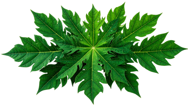 Green papaya leaves arranged in a symmetrical pattern isolated on transparent background