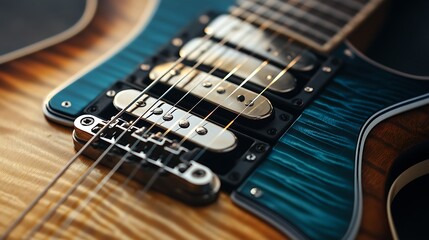 Fototapeta premium Close up view of a blue and brown electric guitar showing the strings and pickups in focus detail